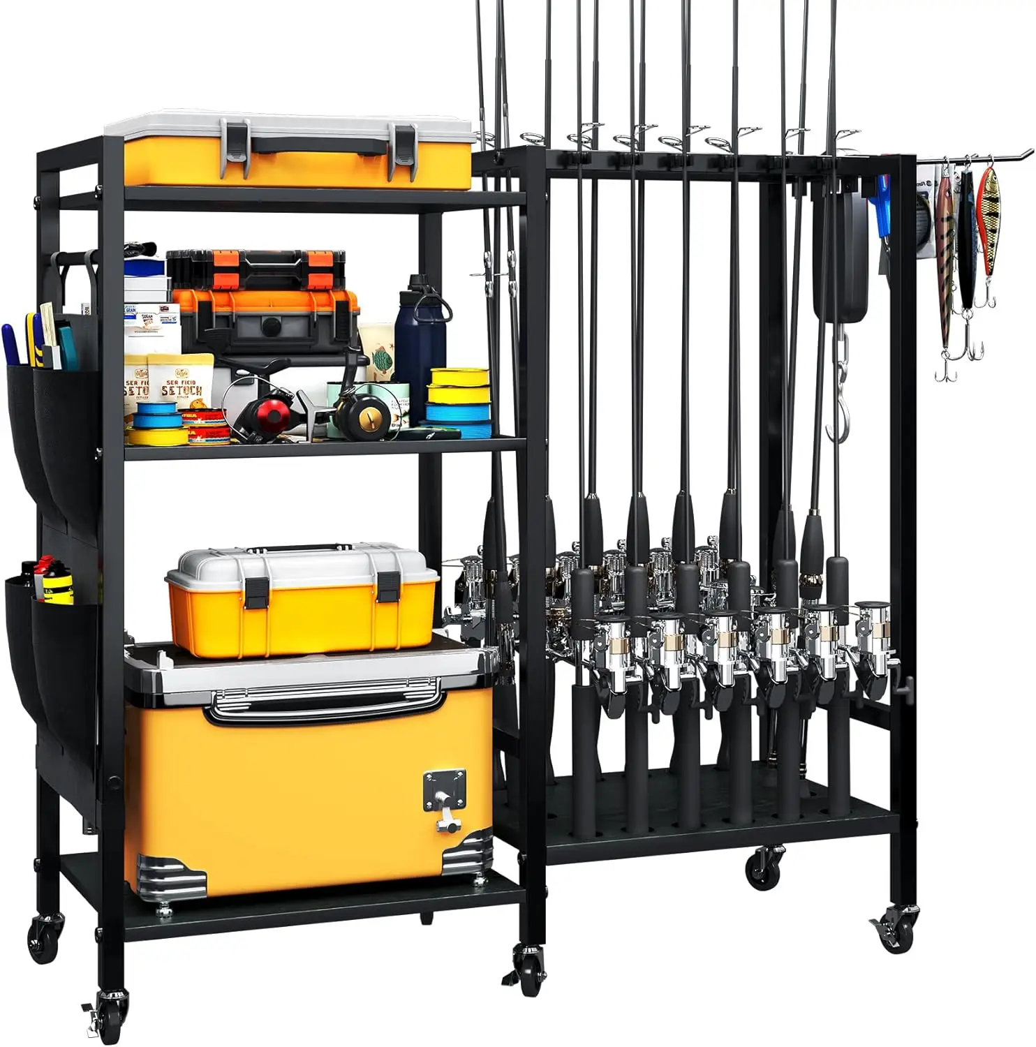 

Стойка для 16 удочек с сумкой для хранения, 3-уровневый органайзер для гаража и гостиной