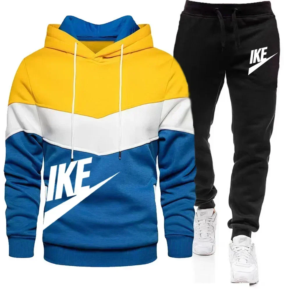 New 2025 Spring and Autumn men's casual hoodie + pants two-piece outdoor training jogging patchwork men's pullover sports suit