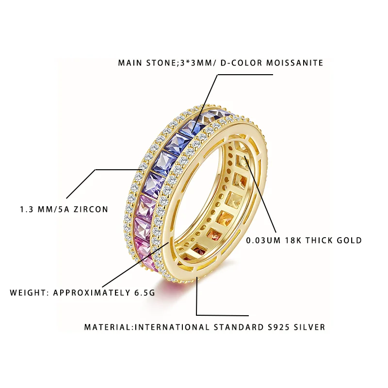 

Multi-Color Moissanite Eternity Ring, 3*3MM D-Color Gemstone S925 Silver 18K Gold Plated, 5A Zircon Women Fashion Engagement Sta