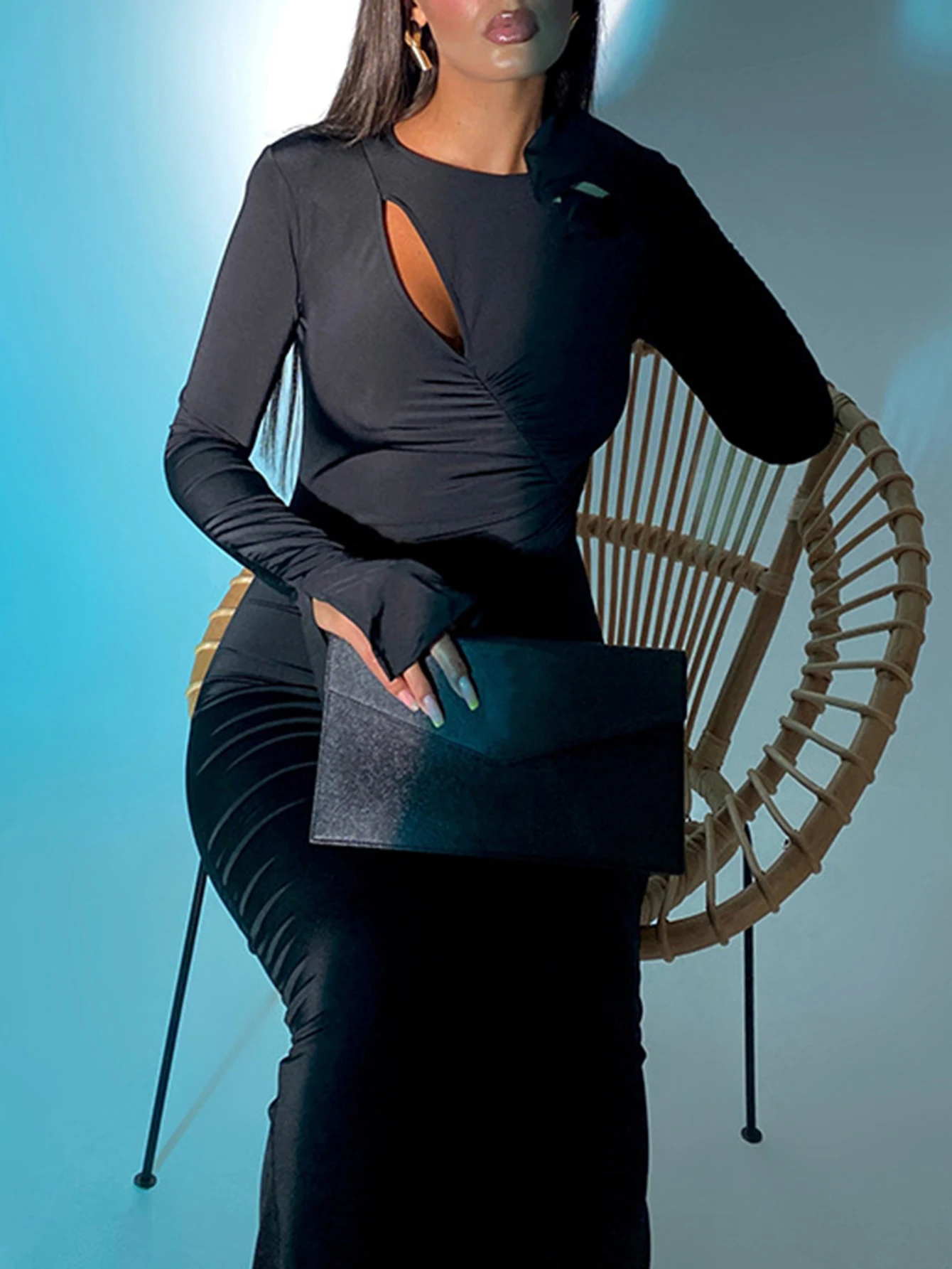 Vestido de fiesta por debajo de la rodilla con cuello redondo y manga larga con corte liso elegante para mujer Vestido informal de moda de otoño