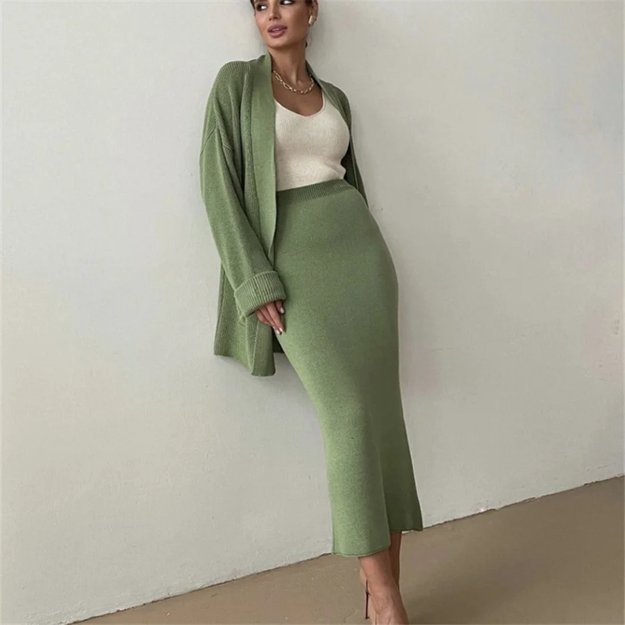 Women Knitted Two Piece Skirt Set Cardigan Coat+Elastic Waist Bodycon Skirt Solid Color Office Suits Female Autumn Streetwear