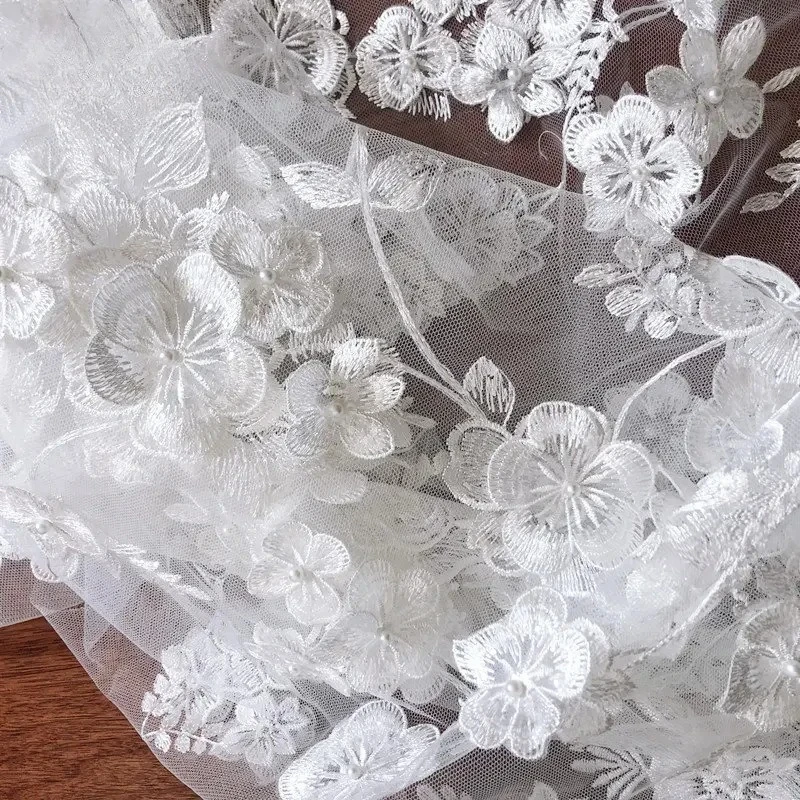 白いビーズ付きアップリケレース生地、ウェディングドレス、白いアクセサリー、幅86cmと135cm