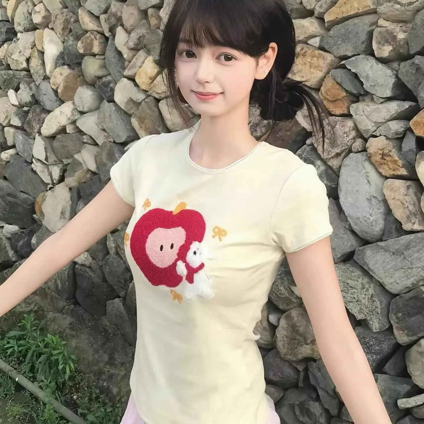 Super Cute Puppy Chic Embroidery Apple Cartoon T-shirts Sweet Women Girls Kawaii Korean Trendy Summer Short Sleeve Tee Top Y2K
