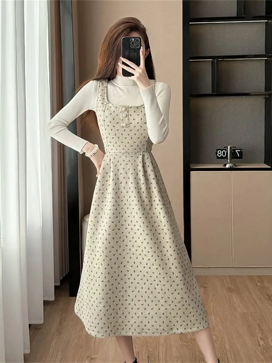 

Vintage Polka Dot Suspender Dress Two Piece Sets for Women Fall/Winter Long-Sleeve Knitted Tops Two-Piece Set Preppy Style