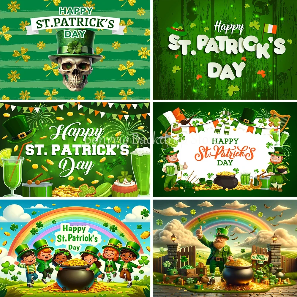 Bonvvie St. Patrick’s Day Backdrop Lucky Green Shamrock Rainbow Gold Coin Party Baby Adult Photography Background Photo Studio