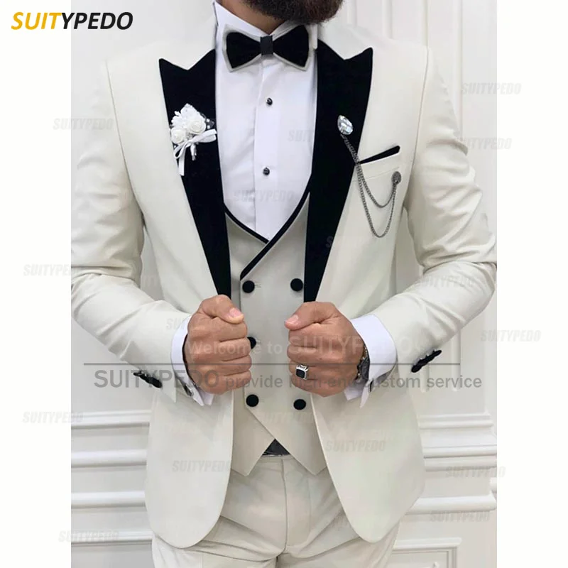 Fashion Ivory Suits for Men Slim Fit Prom Wedding Blazer Vest Pants 3 Piece Formal Groom Groomsmen Men Homecoming Clothings Set