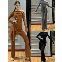New Ballroom Dance Clothes Women Long Sleeves Tops Pants Cha Cha Rumba Latin Practice Wear Ballroom Performance Costume DNV21475