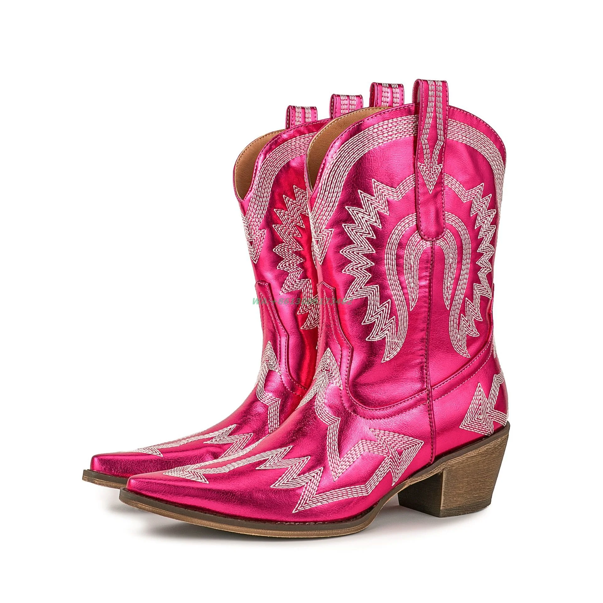 Design Women's Pointed Toe Ankle Boots Low Chunky Heel Glossy Embroidery Blingbling Lady Ankle Boots Fashionable Women's Footwea