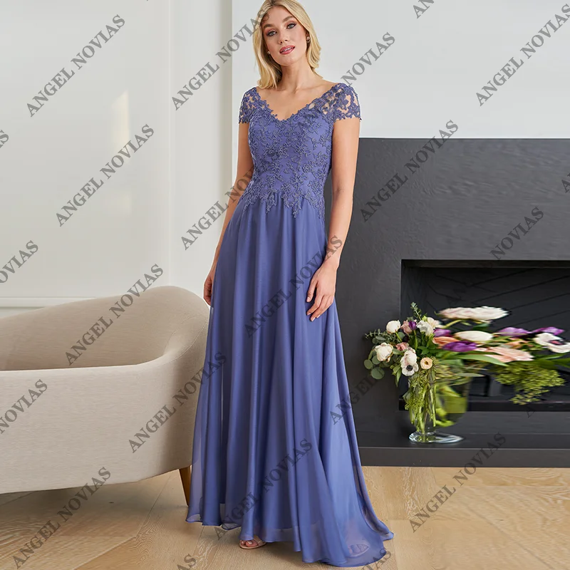 

Customized Long Blue Chiffon Mother of the Bride Dresses Cap Sleeves Wedding Guest Gowns Vestido De Festa De Casamento