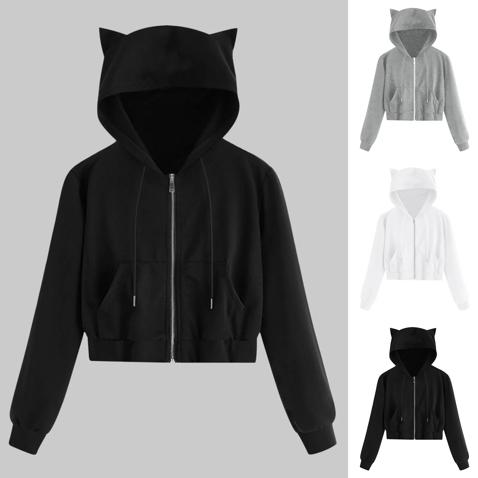 

Women's Long Sweatshirt Hooded Cat Solid Color Top Casual Pocket Zip Sweatshirt Long Sleeve Comfortable Casual Pullover Hoodie