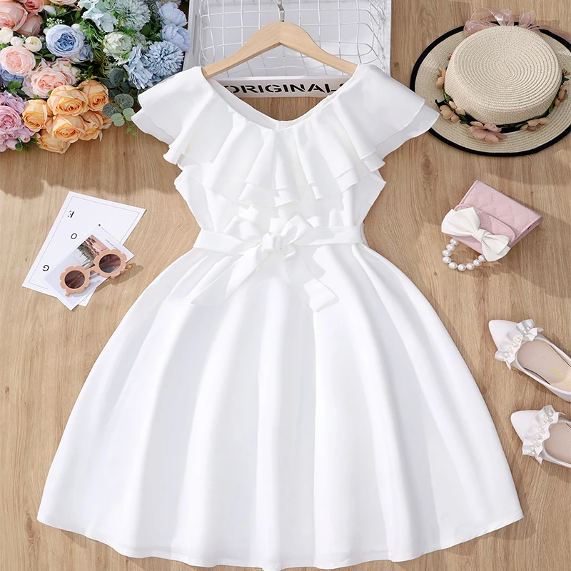 Summer Cute Girl Sleeveless Princess Dress For Children\'s Casual Birthday Party Girl Adjustable Belt Solid Color Fluffy Dress