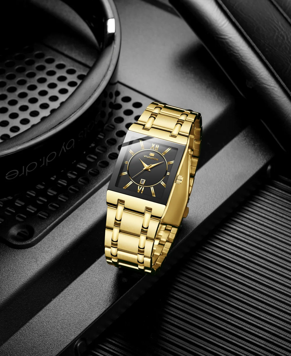 VA VA VOOM Relogio Masculino Watch Men Square Mens Watches Top Brand Luxury Golden Quartz Stainless Steel Waterproof Wrist Watch