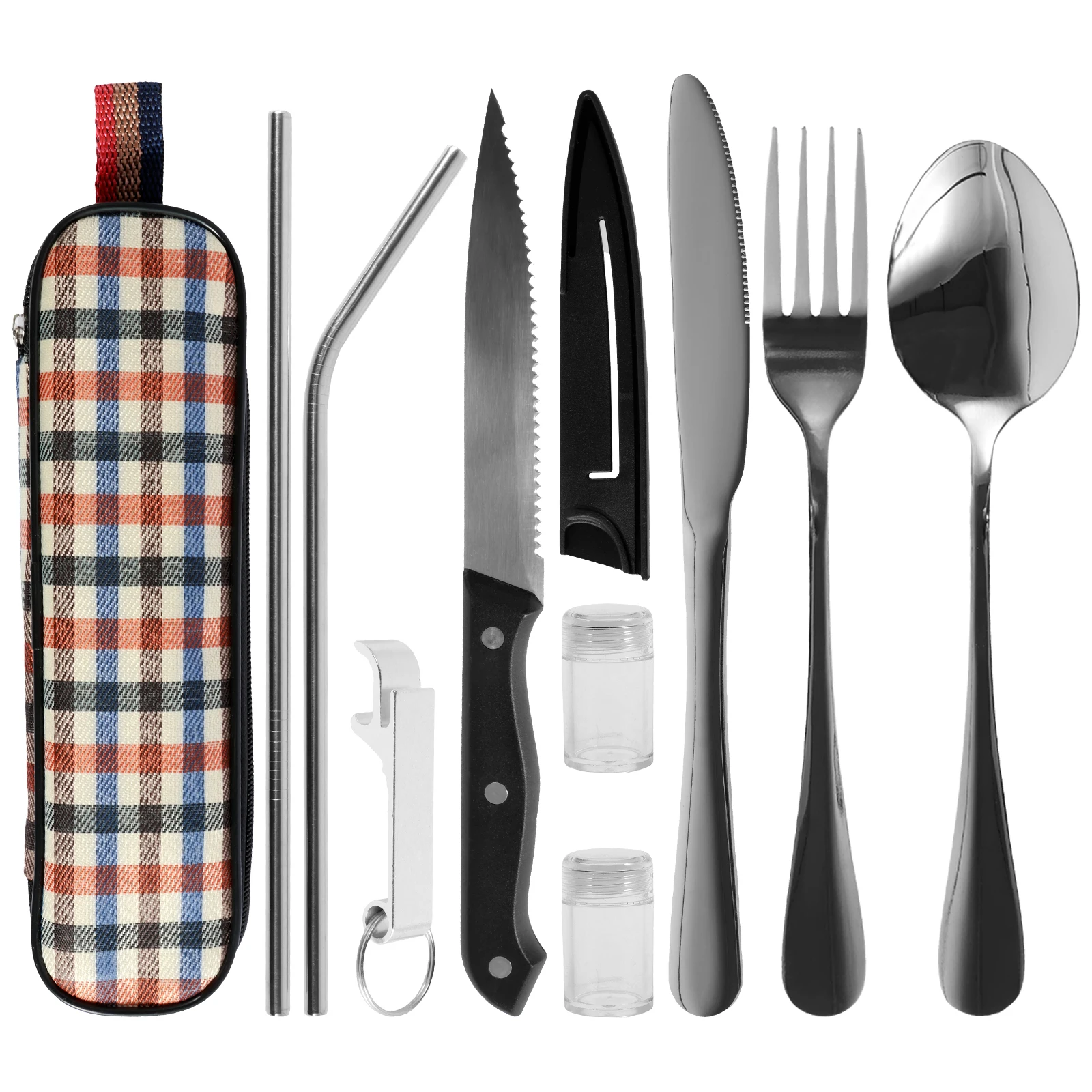 

10Pcs Travel Cutlery Set with Storage Bag Stainless Steel Travel Utensils Set Portable Camping Silverware Set Reusable Travel