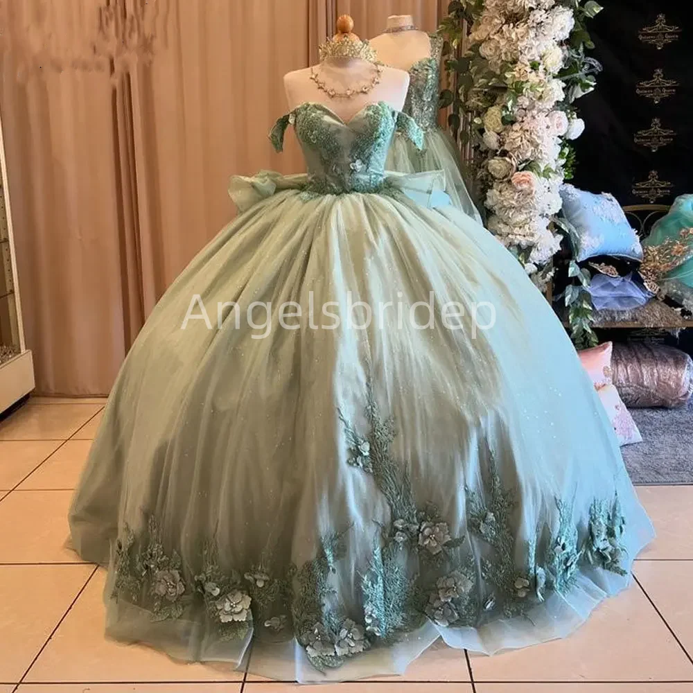 Angelsbridep Elegante Bling Tule Saliegroen Baljurk Quinceanera Jurken 3D Bloemen Avond Party Dress Vrouw Vestidos De Festa