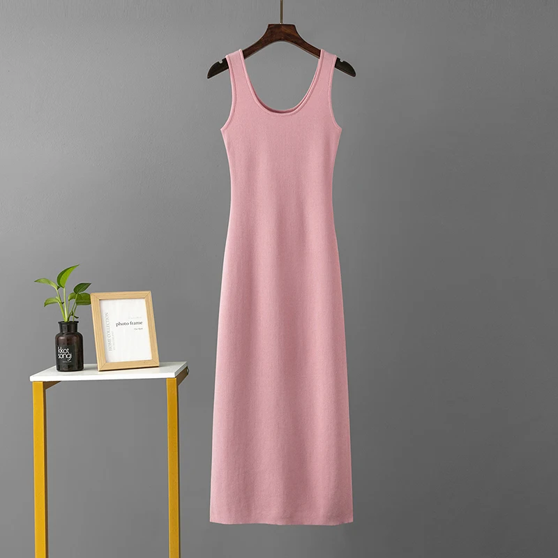 Spring summer 2023 Women Knit Tank long Dress Korean Style Knitting U Neck Sleeveless Vest Thin Loose Women Casual Dresses