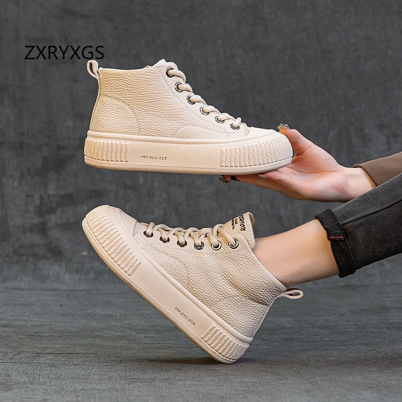 ZXRYXGS Toplaag Koeienhuid Sneakers Vrouwen Schoenen Hoge Top Trend Laarzen 2026 Nieuwe Lente Lace-up Platte Sneaker Casual Schoenen Zachte zool