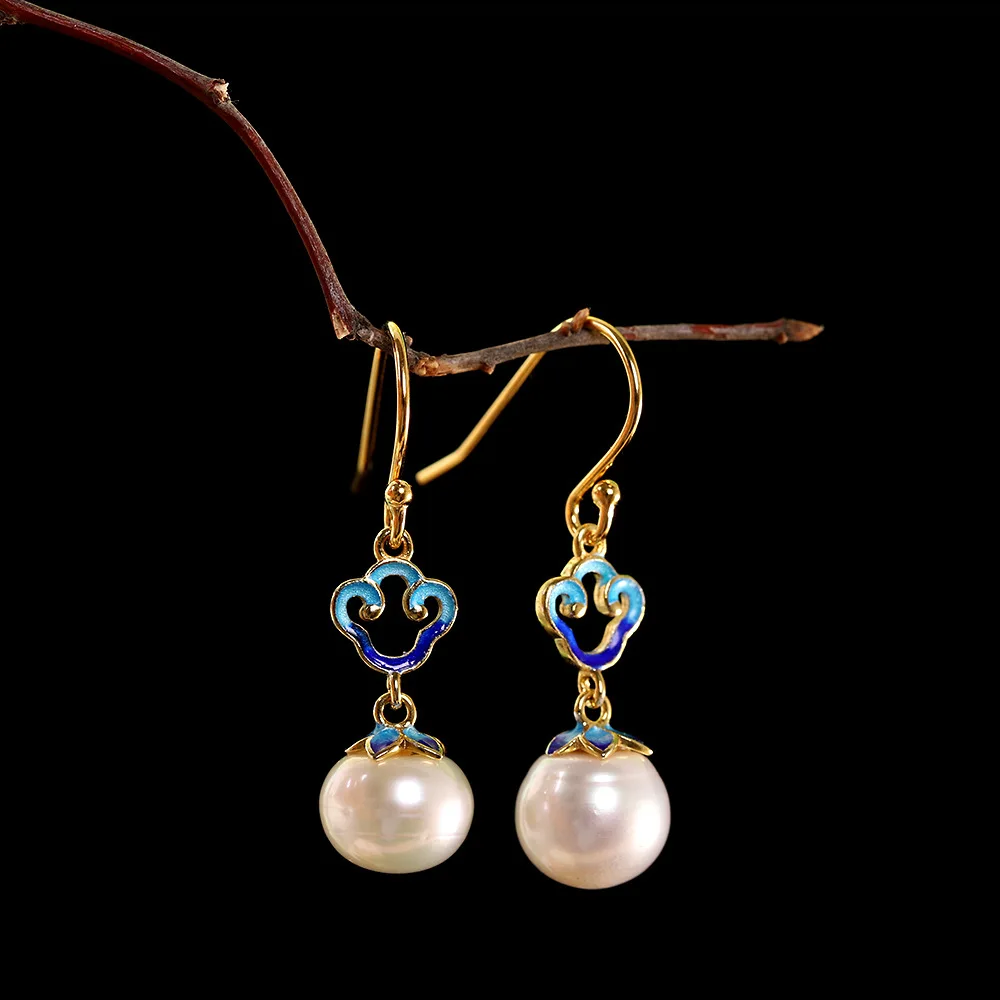 

Chinese Style Classical Fashion 925 Silver Pearl Enamel Fired Blue Auspicious Cloud Women's Earrings Retro Accessories