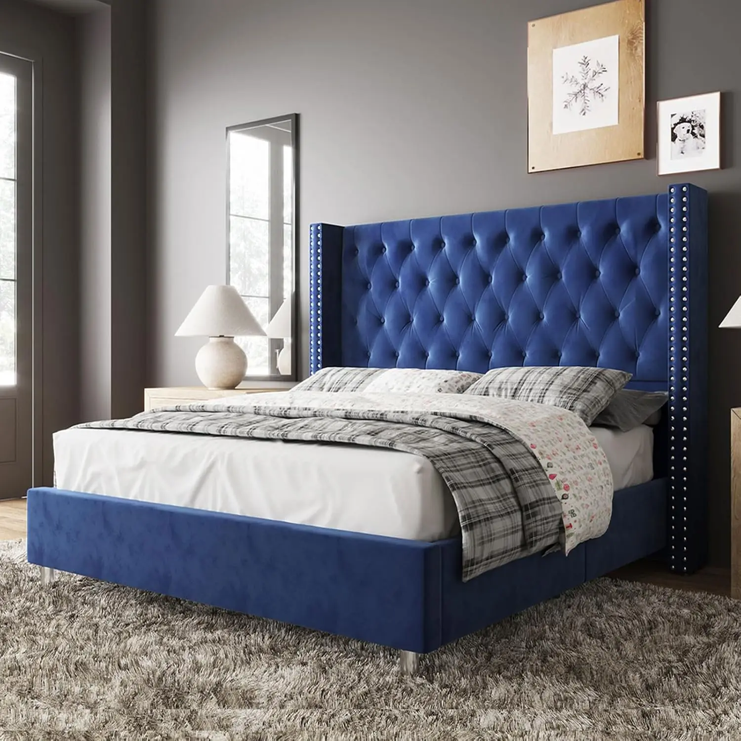 King Bed Frame Upholstered Bed Wingback Headboard Velvet Tufted Diamond Button/No Box Spring Needed/Easy Assembly/Navy