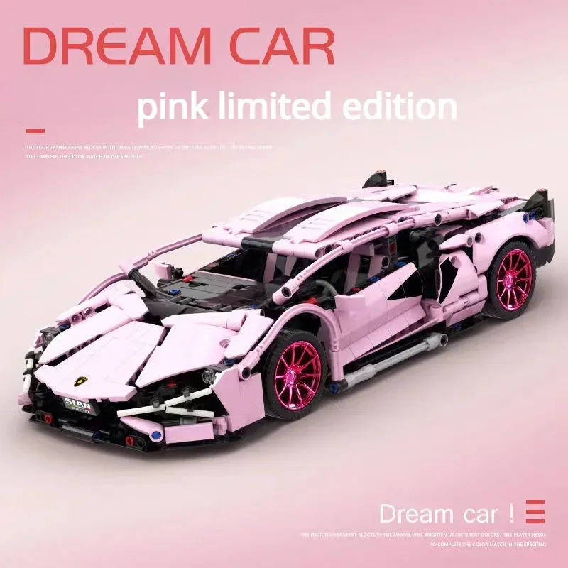 1280PCS Technical 1:14 Pink Lambo Super Sports Car Building Blocks MOC City Speed Vehicle Assemble Bricks Toys For Kids Boys