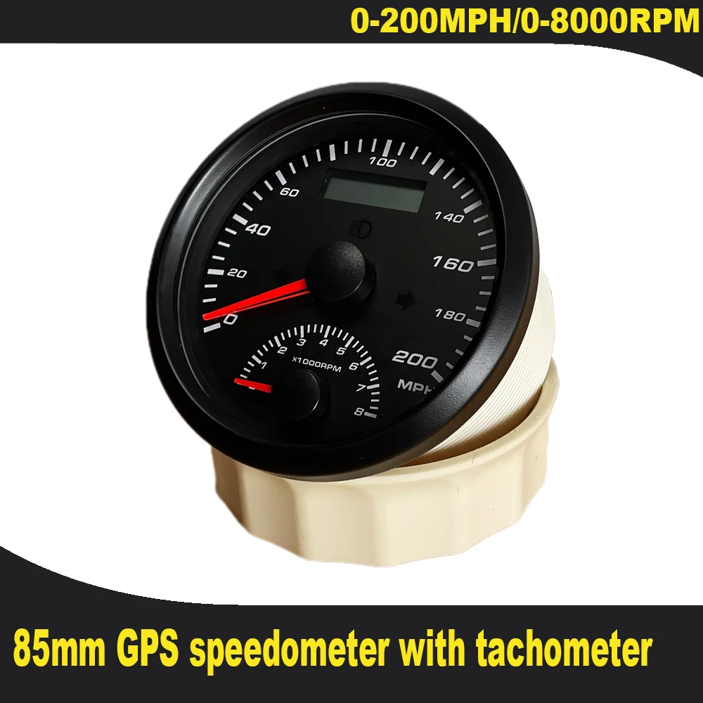 85mm 60km/h 0-125km/h 0-200km/h GPS Speedometer with Tachometer 4000RPM 0-8000RPM with GPS Antenna Amber Backlight for Boat Car