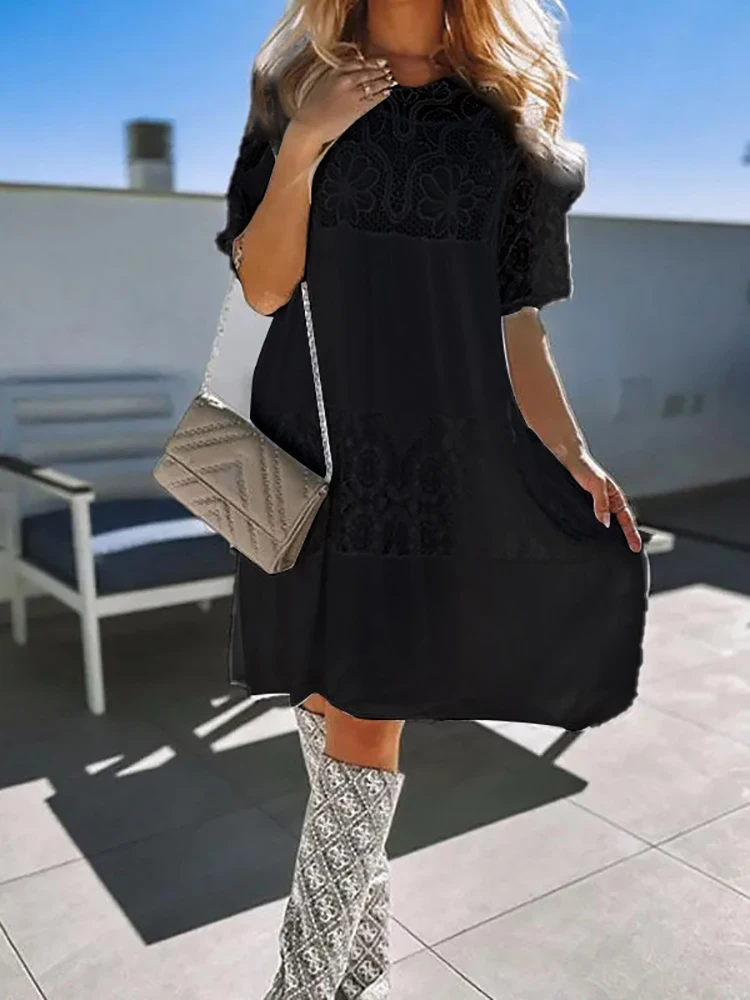 Short Sleeve Lace Patchwork Round Neck Dress Summer Elegant Women Solid Slim Dress Party Club Femme Mini Hollow Dress Vestidos