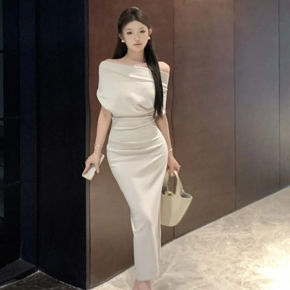 فستان طويل مائل الكتف طويل بلون مزاجه سليم صالح تنورة طويلة البيج المشمش قبالة الكتف فستان النمط الكوري #3