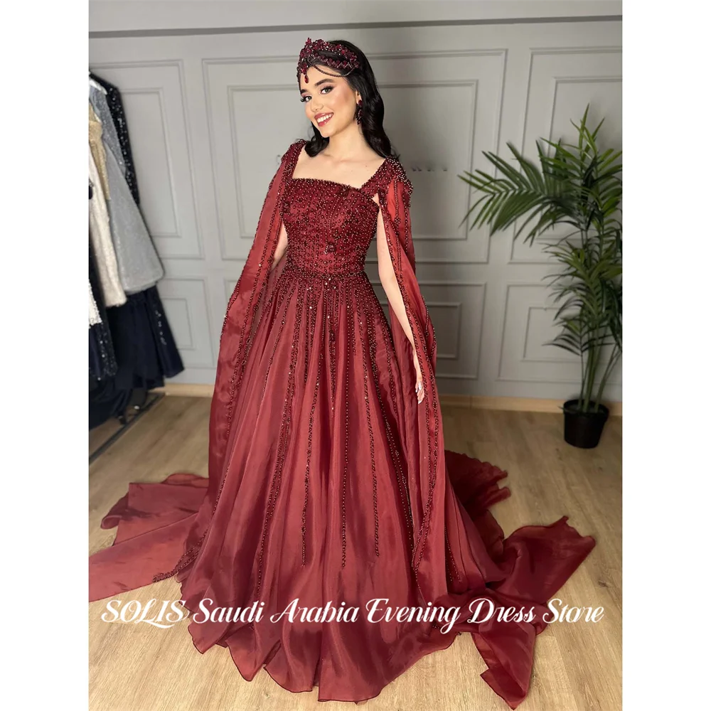 

SOLIS Burgundy Prom Dresses Square Neck Off the Shoulder Gala Dresses A Line Satin Saudi Arabic Evening Party Gown Customized