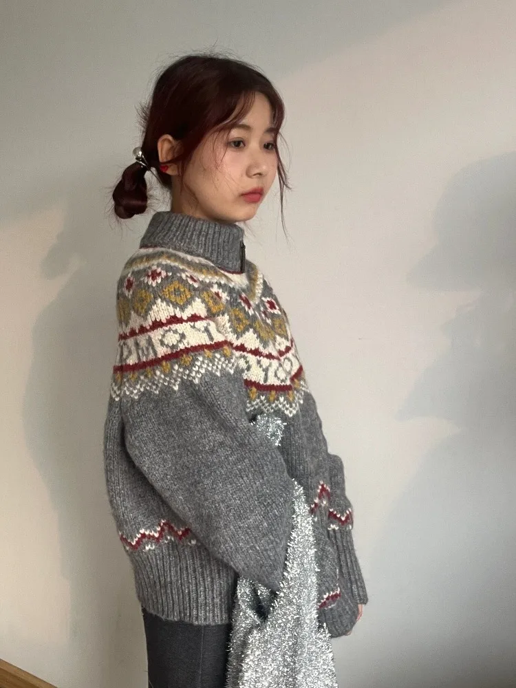 Jacquard Sweet Christmas Vintage Cardigans Women Harajuku Zipper Grunge Sweaters Loose Streetwear Knitted Coats Y2k Aesthetic