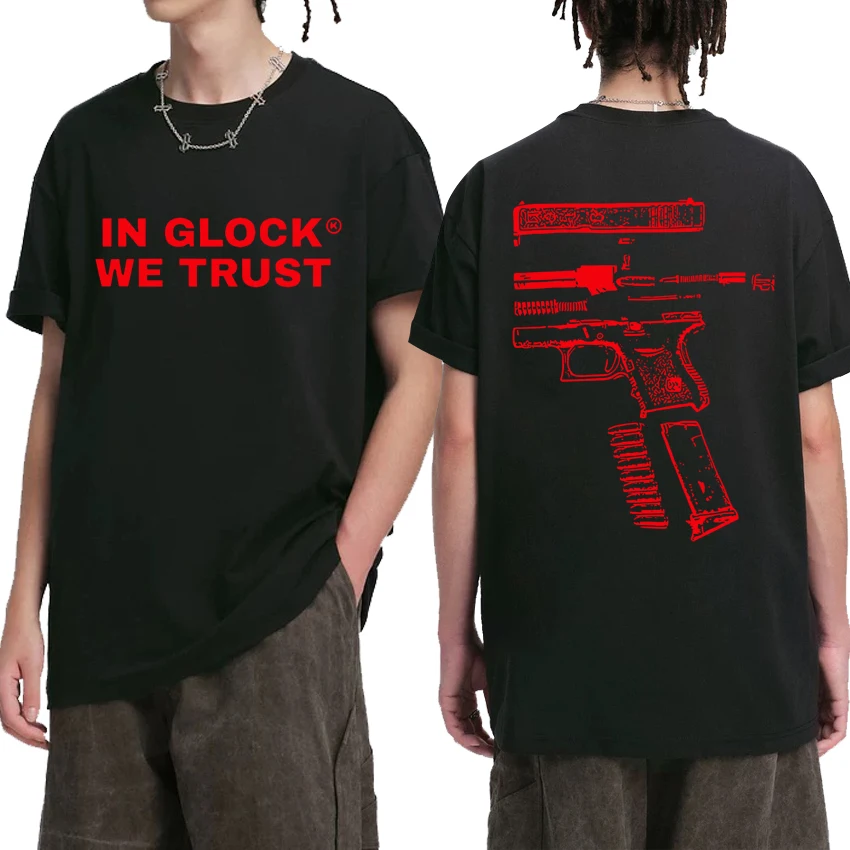 

2025 New IN GLOCK WE TRUST Letter Double Sided Short Sleeve T-shirts Men Women Vintage Hip Hop Streetwear Unisex Cotton T Shirt