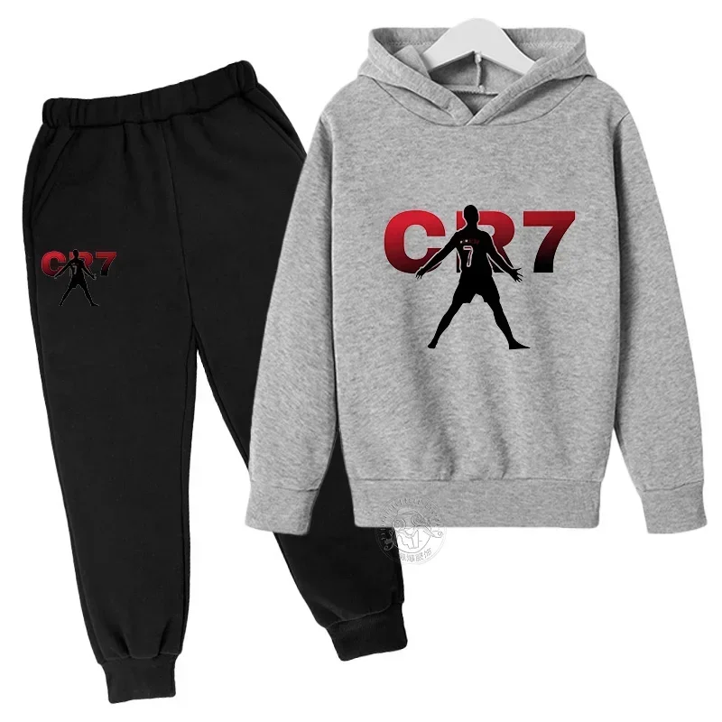 Spring Autumn Children Hoodies Set Football Idol CR7 Print Pants Suits 2pcs Set Casual Sports Tracksuit Boy Girl Clothes 3-13Y