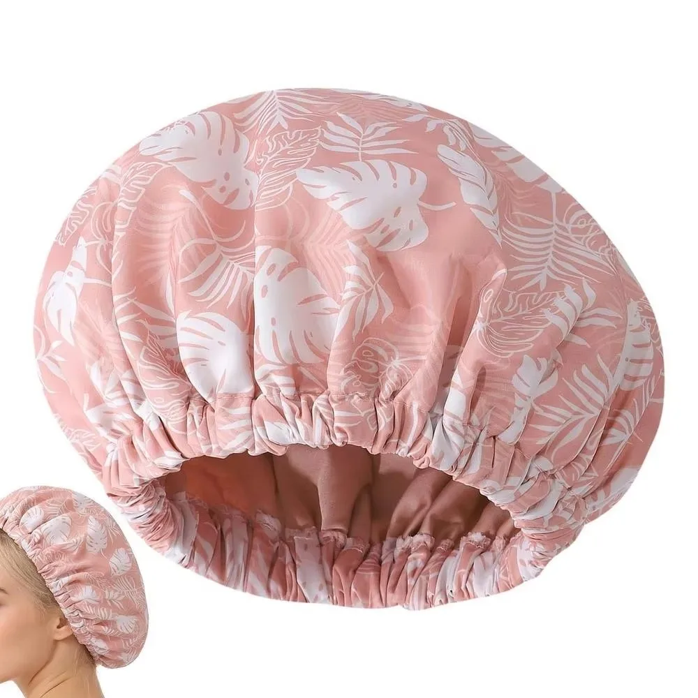 New Waterproof Shower Cap Satin Lined Reusable Shower Bonnet Flower Printed Soft Elastic Band Bathing Hair Cover Salon Use