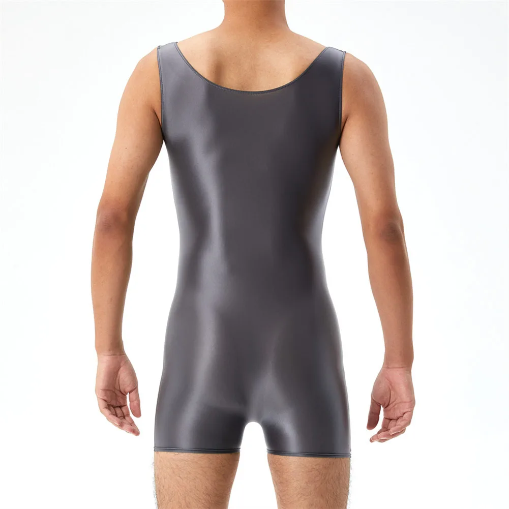 Stretchy Bodysuit Jumpsuit Tank Leotard Bodystocking Slim Bodysuit untuk pria pakaian dalam tanpa lengan Glossy Thong Singlet Sport Leotard
