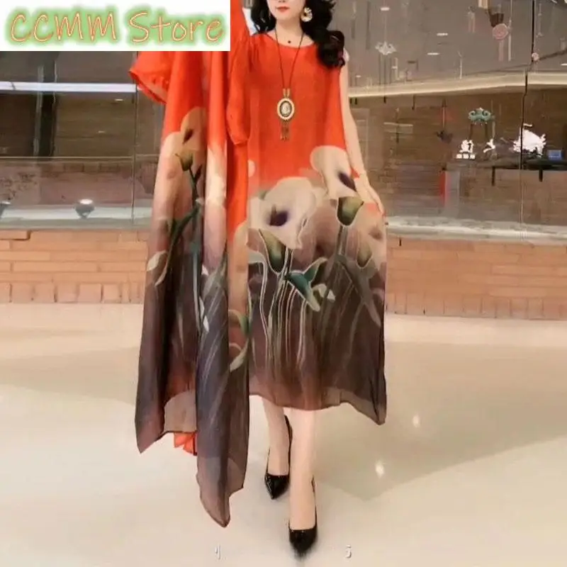 Commute Floral Printed Matching Sets Two Piece Set Casual Round Neck Spring Summer Female Fashion Irregular Hem Long Dress Sets