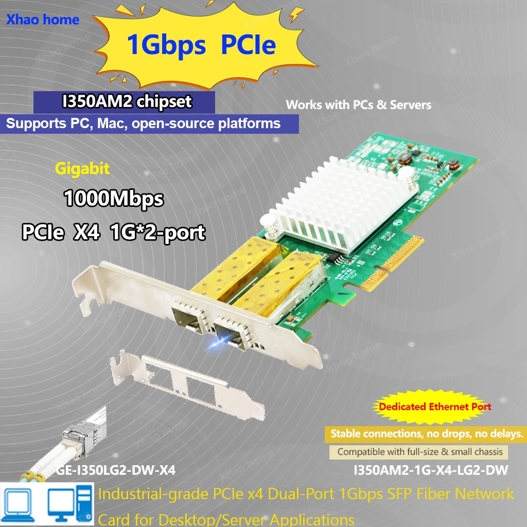 For Intel I350-AM2 Dual SFP Fiber NIC - PCI-E X4 for Server/Desktop, 1000Mbps LC Module Support, Multi/Single Mode Compatible