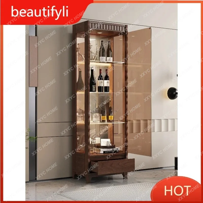 

L Living Room Style Solid Wood Wine Cabinet Small Household Glass Display Cabinet Wall-Mounted Movable Side Cabinet