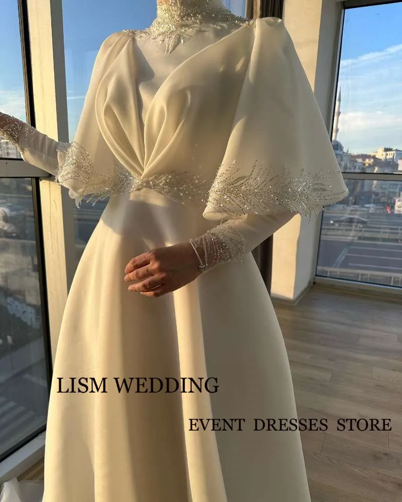 LISM Modeest Ivory Muslim Arabic Women Wedding Dresses Flare Long Sleeves Silk Organza High Neck Applique Bridal Gowns