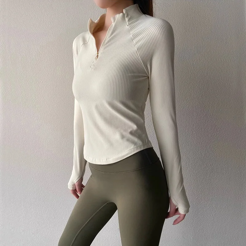 Women's Half Zip Long Sleeved T-shirt in Rib