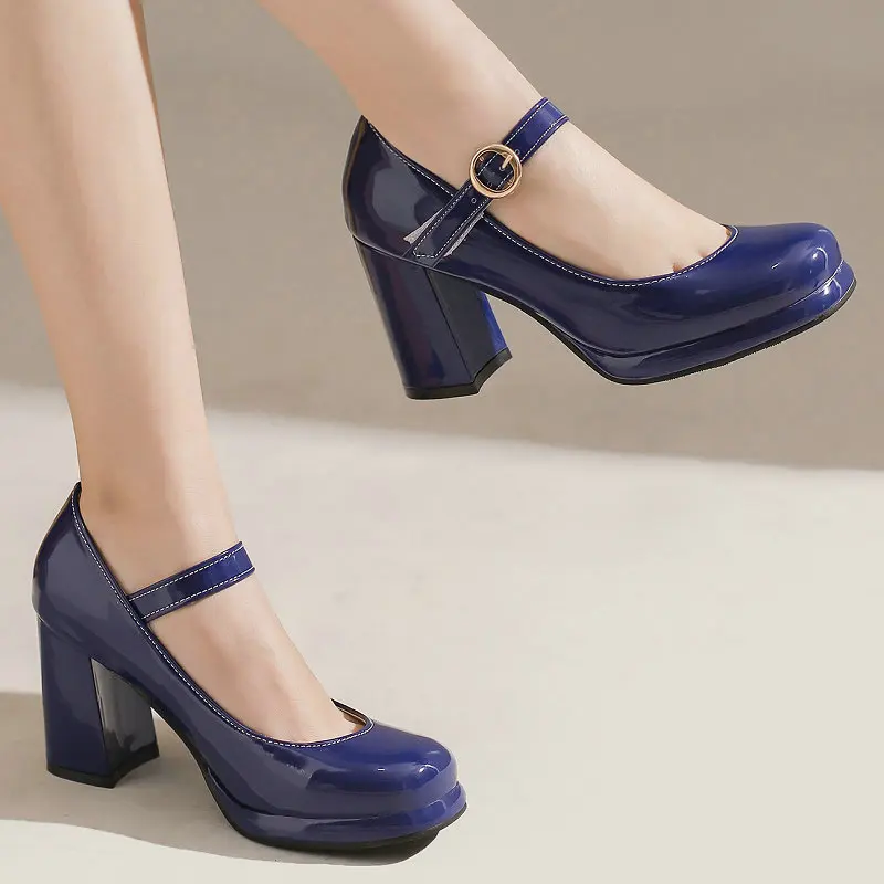 PU Patent Leather Green Navy Blue Closed Toe Mature Ladies Office Pumps Buckle Strap Vintage Women Mary Janes Shoes Block Heels