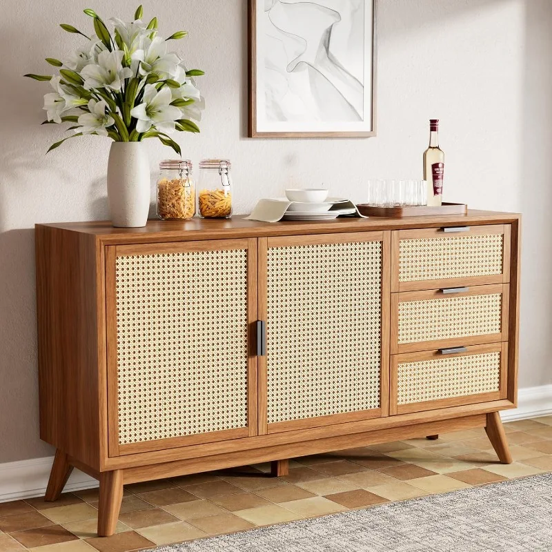 Georgina Solid Wood Sideboard with Geometric Pattern, 2 Doors and 3 Drawers, 61 Inch Mid  Modern Sideboard Cabinet