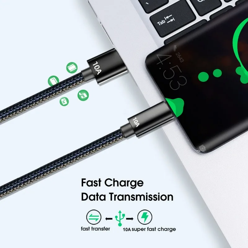 120 واط 10A شحن سريع للغاية USB TypeC كابل منسوج عالي السرعة نقل البيانات مضاد للكسر لشواحن سامسونج Xiaomi Oneplus ممن لهم