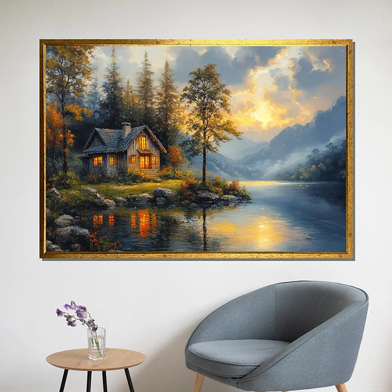 (No frame)Italian Lakeside Village Tuscan Cozy Cabin in Forest Canvas Painting Print Wall Art Picture for Living Room Home De