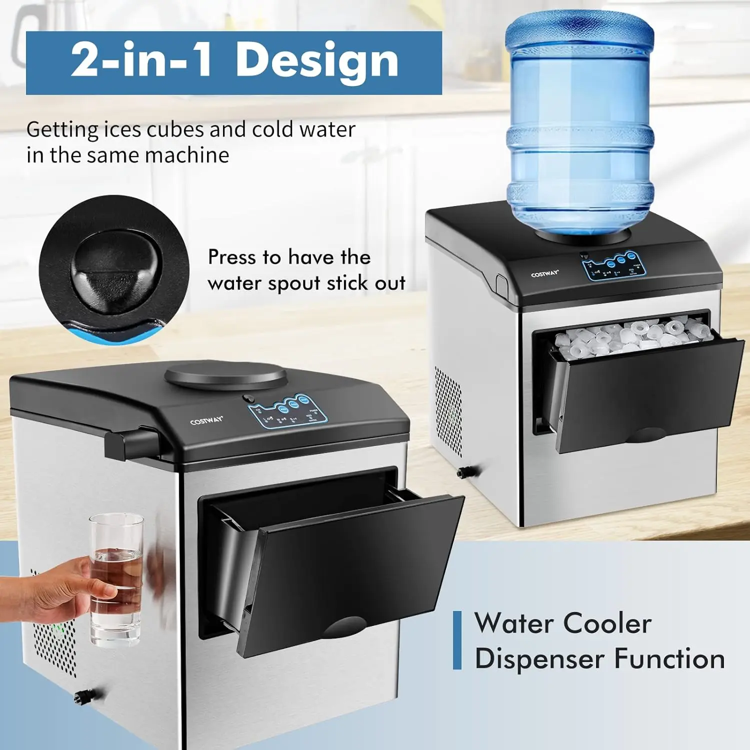 

Ice Maker,, 48LBS/Day, S/M/L Size Ice Cube, 5LBS Ice Storage Basket, Fast 6 Mins,Extendable Chilled Water SpoutIce Maker Machine