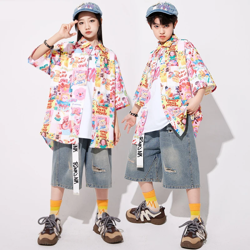 

New Children Colorful Street Dance Jazz Dance Clothes Hip Hop For Girls Boys Shirt Jeans Music Festival Stage Outfits DQL10009