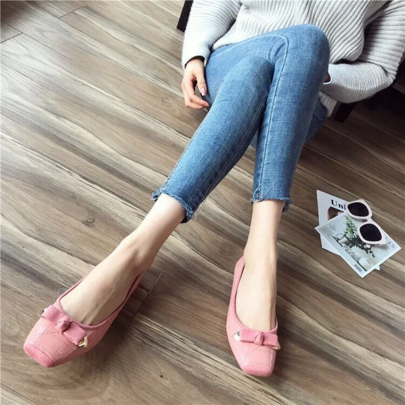 Blue Flats Normal Leather Casual Flat Square Toe Shoes for Women 2024 Ladies Summer Footwear White Pink Genuine Mark Wholesale A