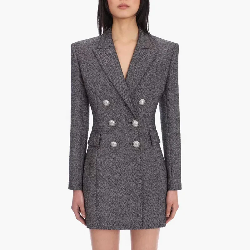 

Ladies Coat Suit Skirt Dress Temperament Office Business Double-breasted Silver Button