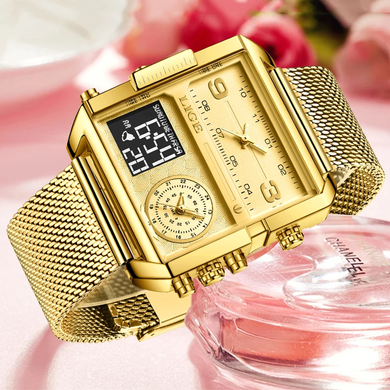 LIGE Fashion Gold Watch Women Casual Sport Digital Quartz Women Watch Top Brand Luxury Waterproof Dual Display Watches For Women