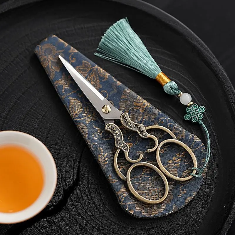 Handmade Vintage Chinese Tea Scissors Stainless Steel Tea Bag Cutter Retro Tea Ceremony Accessory Home Office Gift Box