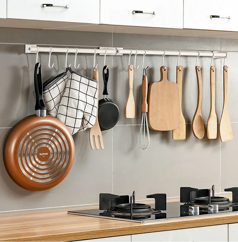 Holders Kitchen White Hook Shelving Non-Punched Stainless Steel Thick Hanging Rod Wall Mounted Spatula Spoon Shovel Hanging Rack