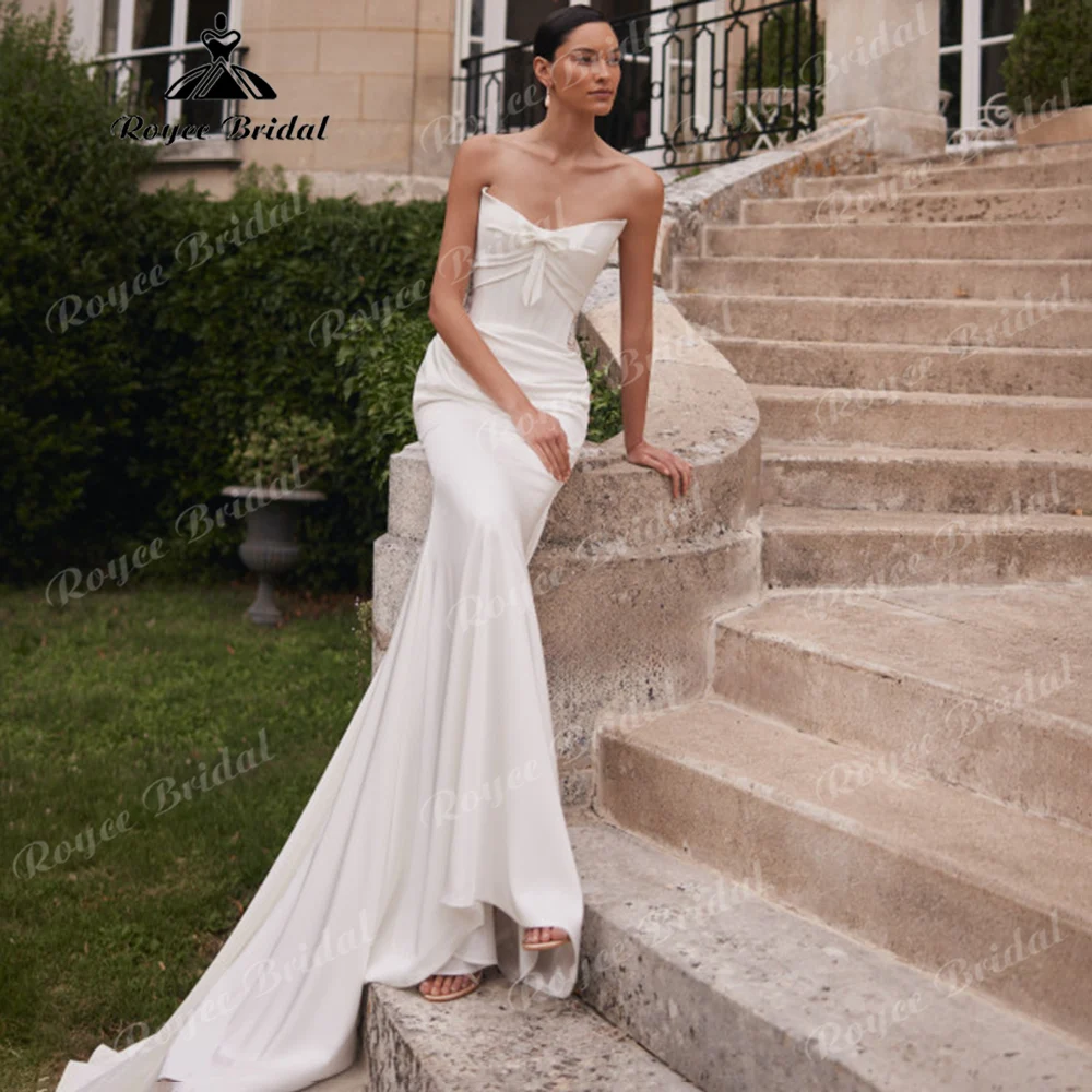 2026 Detachable Lace Sleeve Mermaid Wedding Dress Strapless Bow Detail Bridal Gown with Corset Back Chapel Train Customizable