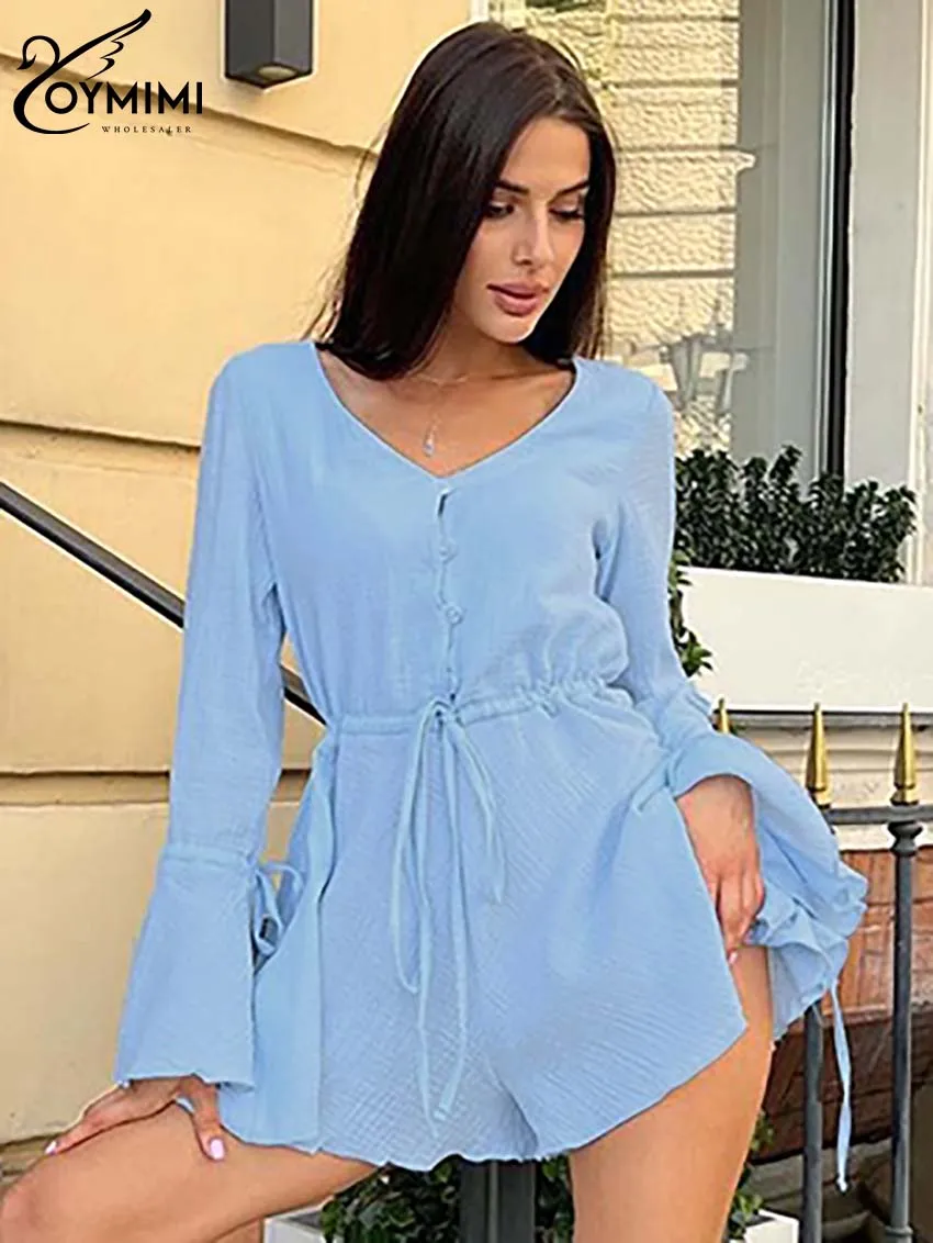 Oymimi Casual Yellow Cotton Women's Dress Elegant V-Neck Long Sleeve Lace-Up Dresses Fashion Button Pleated Mini Dresses Female